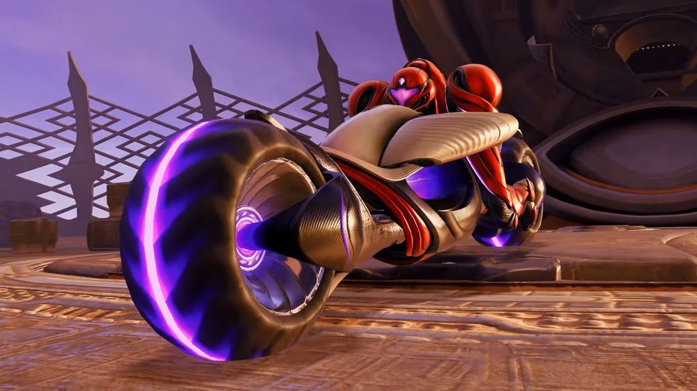 Samus in Metroid Prime 4 on a motorcycle