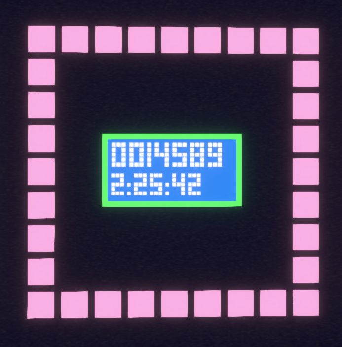 A blue panel with pixelated text, showing I pressed 14,589 buttons in 2:25:42