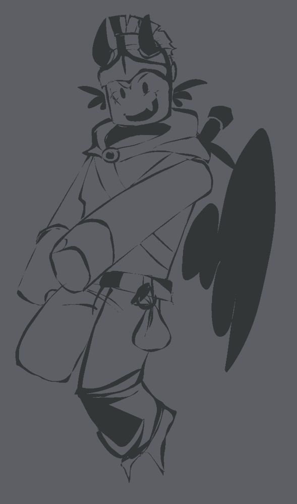 a drawing of sword from the roblox game PHIGHTING!. he is gesturing one arm in front of himself while looking at the viewer and smiling.