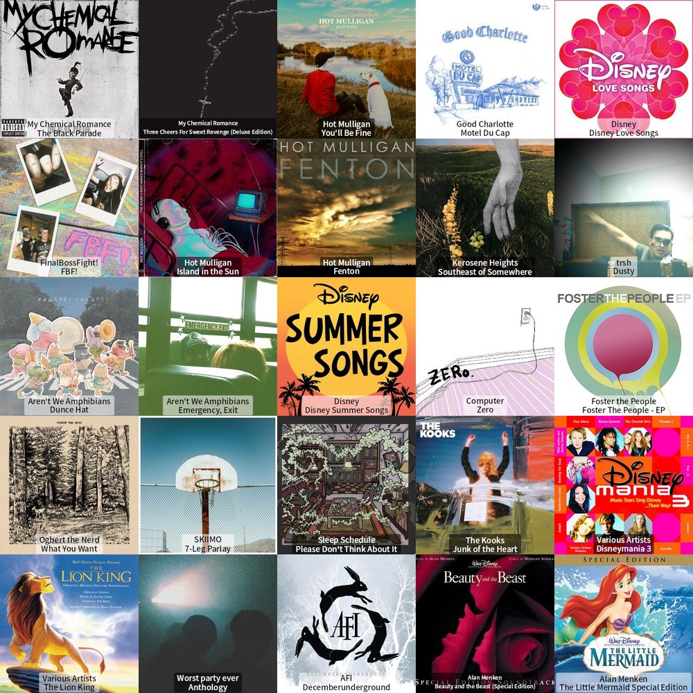 friday 5x5 - the top 25 albums i listened to this week. 
featuring artists:
- my chemical romance 
- hot mulligan 
- good charlotte 
- disney 
- finalbossfight!
- kerosene heights 
- trsh
- aren’t we amphibians 
- computer 
- foster the people
- ogbert the nerd 
- skimo 
- sleep schedule 
- the kooks
- worst party ever 
- afi
