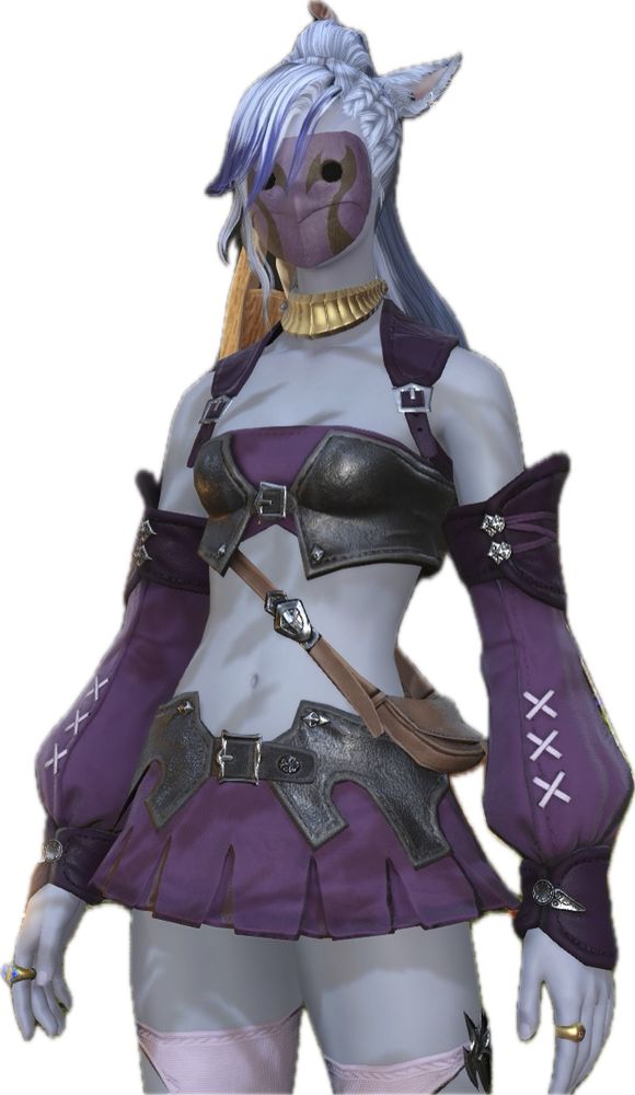 light grey Miqo’te in the starter gear, dyed purple micro skirt and tube top vest. Wearing a flat wooden mask, also purple.
