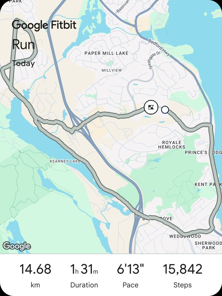 Google map overlaid with a run map of 14.7 km 