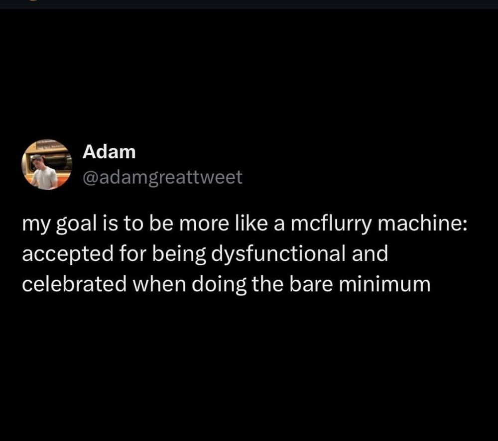 Screenshot of a social media post that states "my goal is to be like a mcflurry machine: accepted for being dysfunctional and celebrated when doing the bare minimum"
