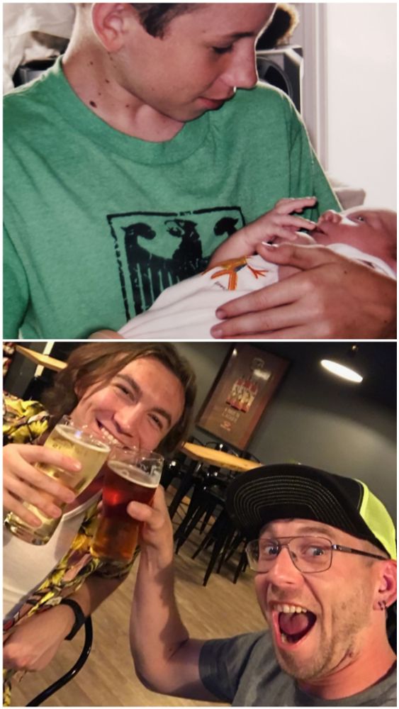 Two stacked images, of a 14 year old boy holding a newborn baby, and the next photo of two men clinking beers... just 19 years apart.