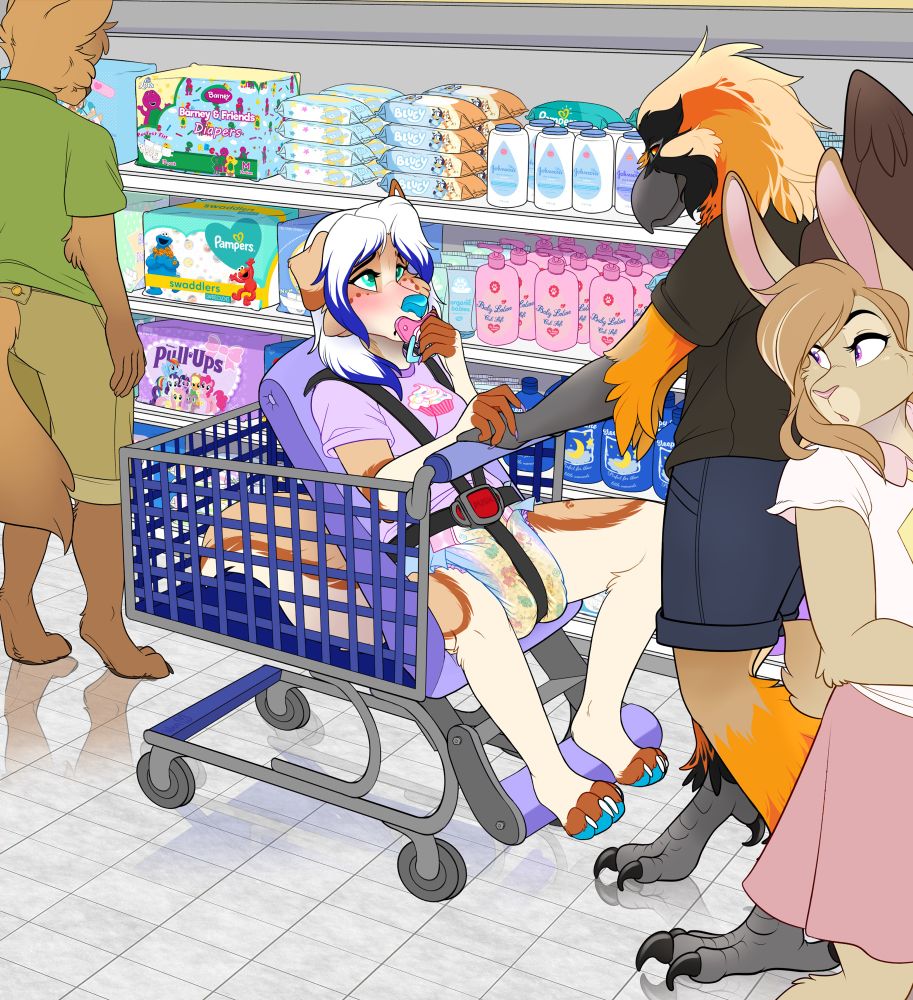Vulture daddy pushing his soggy diapered puppy through the supermarket in a shopping cart as other furs look on