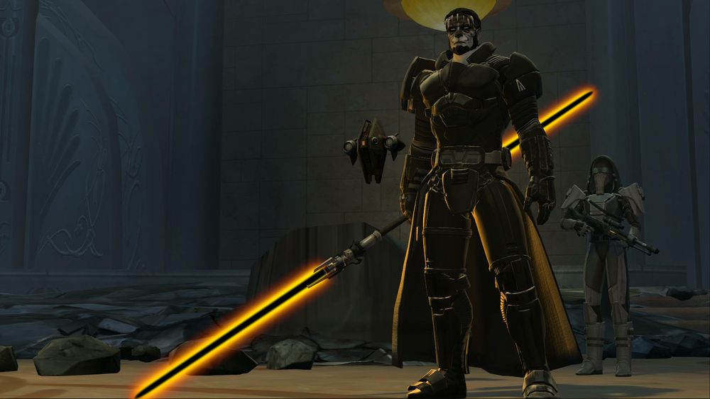 Xandlon standing menacingly with his orange/black saber out with his companion standing behind him
