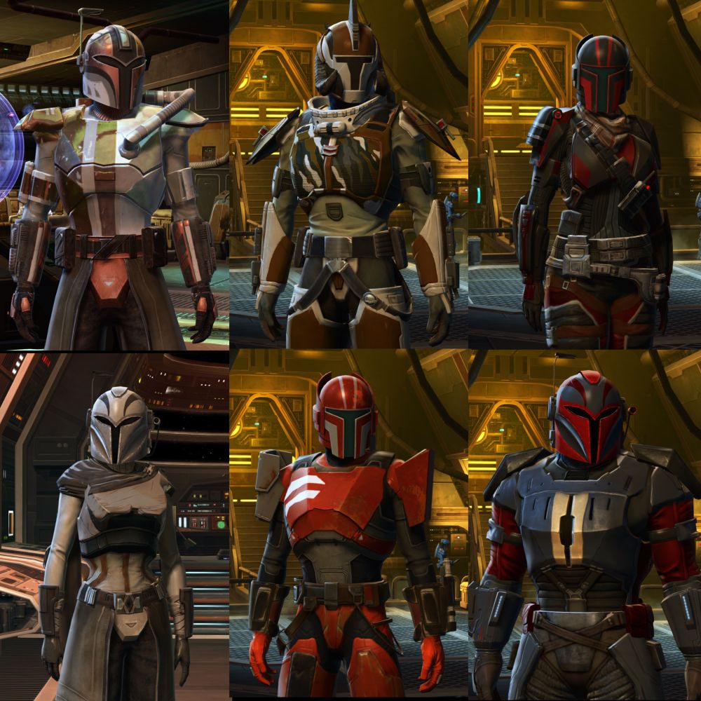 Screenshot of my mando/mando adjacent ocs in Swtor in their colorful armors and helmets. 