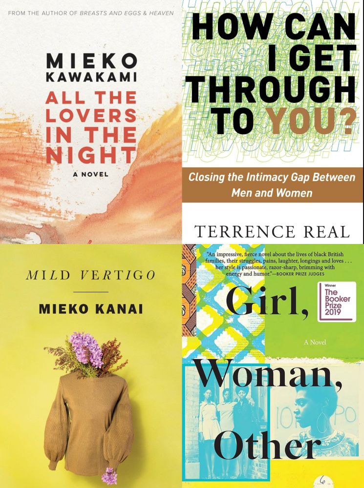collage of books i finished in january 2025 - kawakami's all the lovers in the night / real's how can i get through to you / kanai's mild vertigo / evaristo's girl woman other