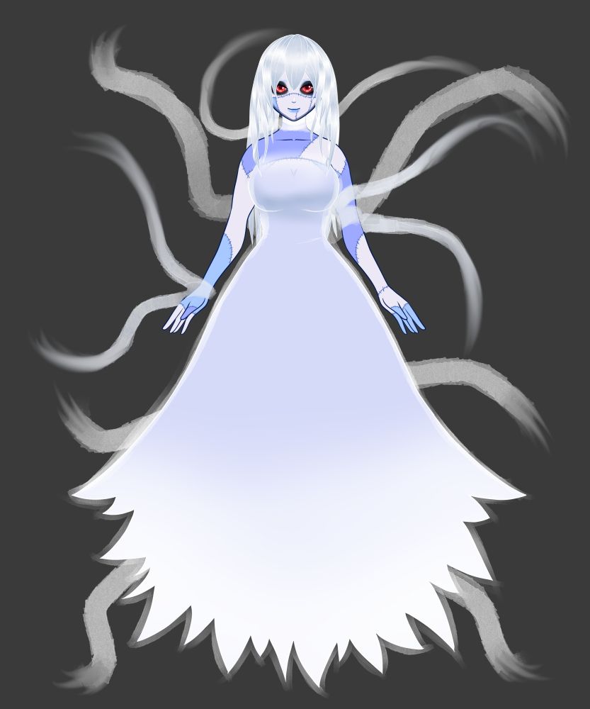 A ghost girl with white hair and red eyes, wearing a white dress.