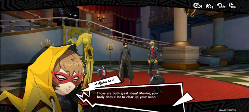 Scene from Persona 5: The Phantom X. Closer tells the team "moving your body does a lot to clear up your mind"