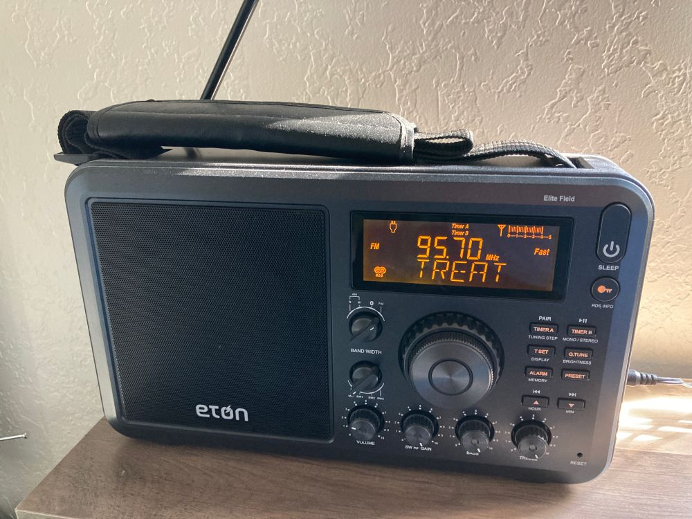 Photo of my studio/bedroom radio, an Eton Elite Field, rather advanced portable radio with AM, FM, and Shortwave tuning. Tuned into one of my favorite stations which plays good pop music from the 80s, 90s, and 2000s. Shortwave reception is good, but there really isn't much of interest on it these days, unless you are into crazy religious ideologies that involve the flat earth theory. (yes, it's that crazy)