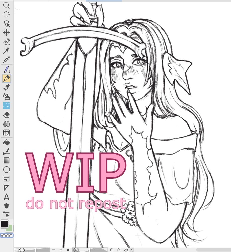 a work in progress sketch of my FF14 oc, Madoka, holding a large sword in her right hand. her left hand is resting delicately on her lip, and she is looking at the viewer. the text on the image reads "WIP, do not repost".