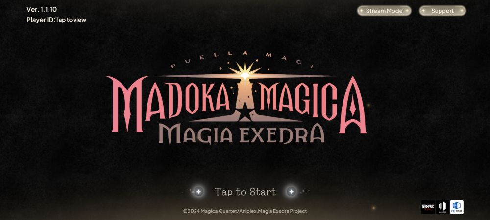 a screenshot of the title screen of the mobile game "Puella Magi Madoka Magica: Magia Exedra." at the bottom of the screen it says "Tap to Start."
