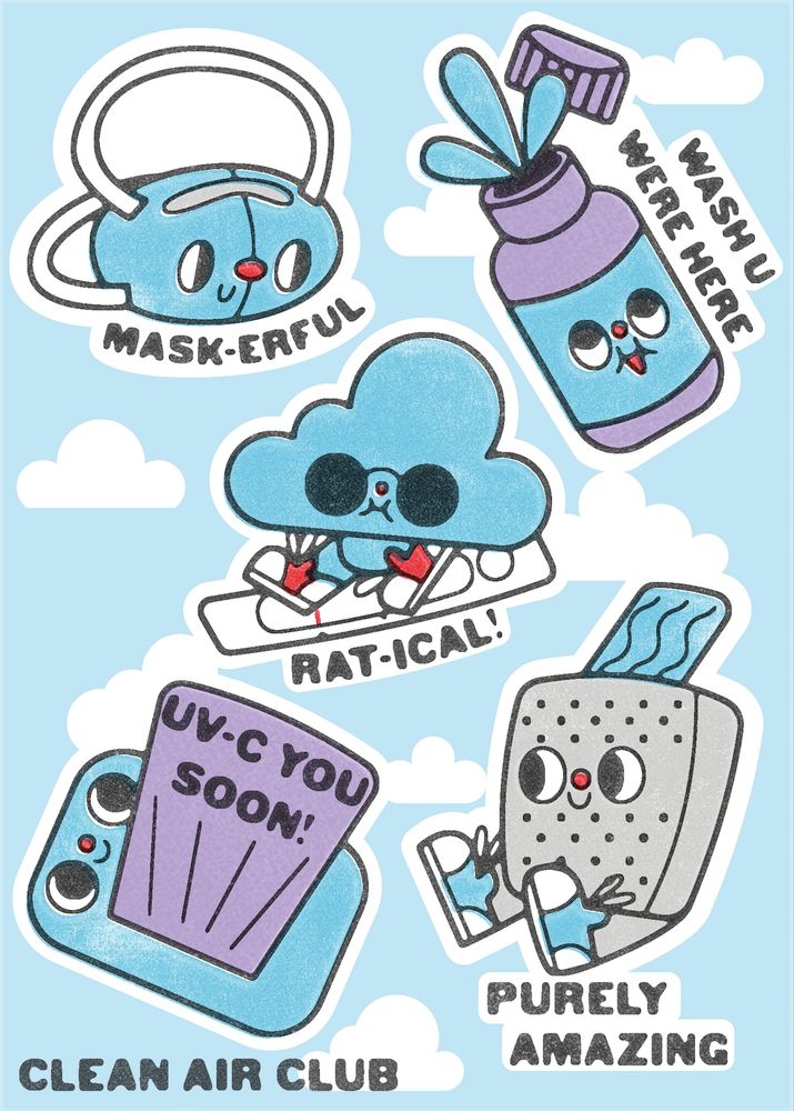 A sticker fundraiser showing the sticker sheet available. It includes 5 anthropomorphic PPE stickers, including a mask, saline rinse, rapid test, uvc light, and air purifier. 