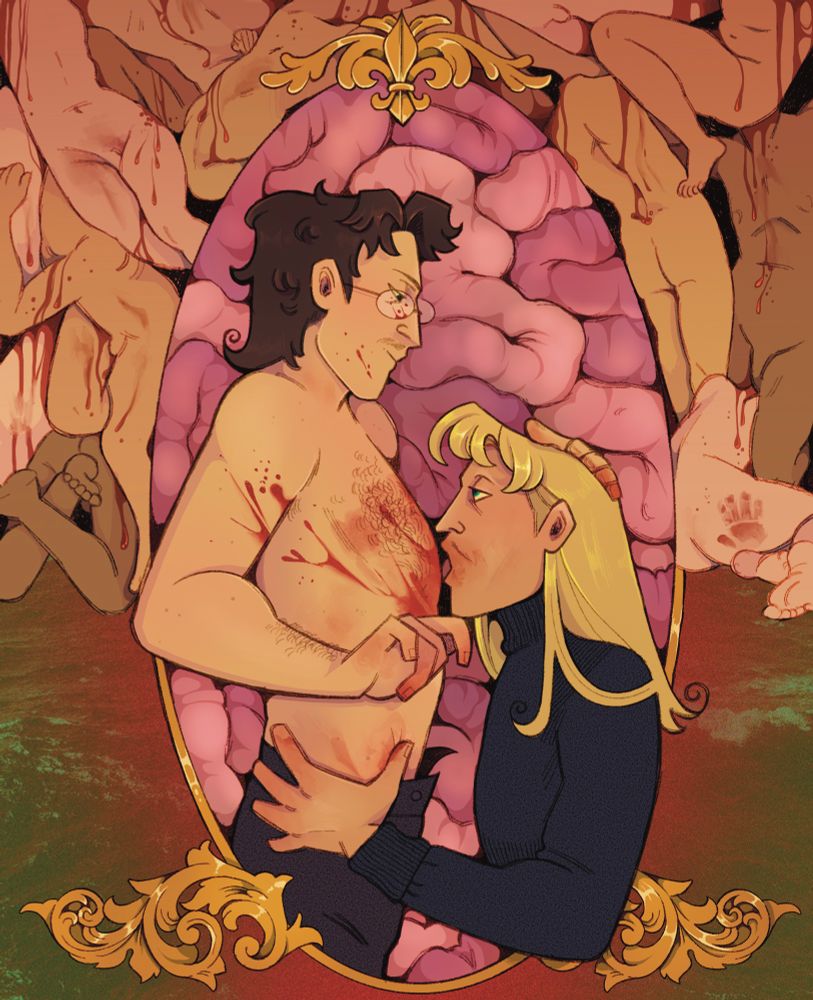 Jay Byrne and Andrew Compton from Exquisite Corpse. Jay is licking blood off of Andrew’s chest. They’re on a background of intestines framed by baroque gold detailing and headless bodies. 