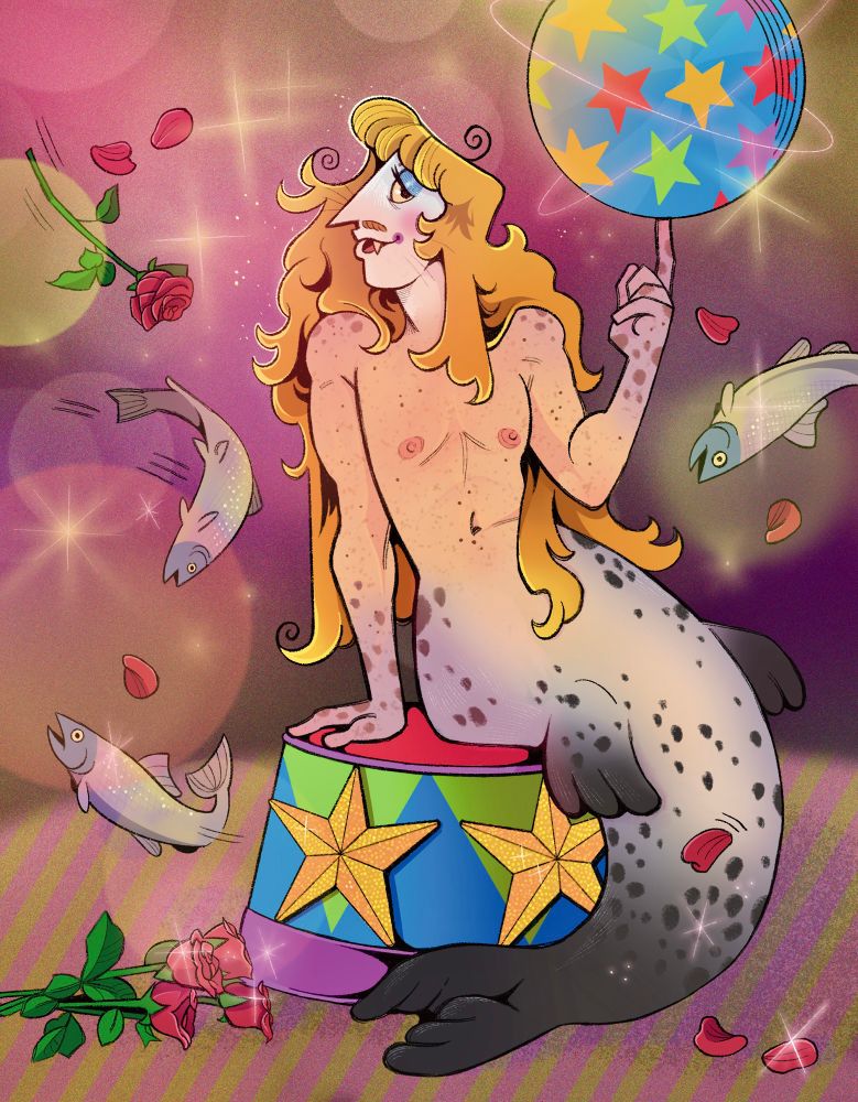 a masculine bodied sealmaid balances a spinning beach ball on one finger on a circus stage. lots of sparkles and dots of light. an unseen audience throws glittering fish and roses