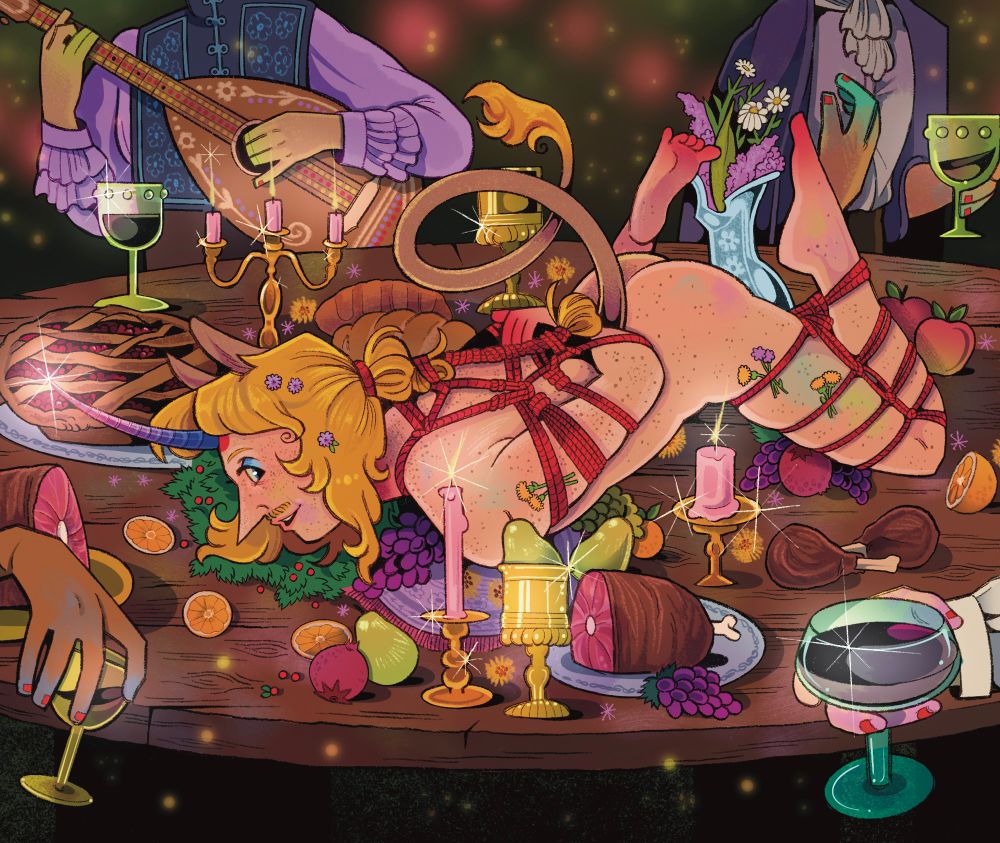 a humanoid unicorn (he/she, white, freckled skin, long blonde hair, tail) lays out on a table, tied up with red ropes. She has a small smile on her face and flowers in her hair. She is surrounded by various foods and drinks, as well as a small audience. 
