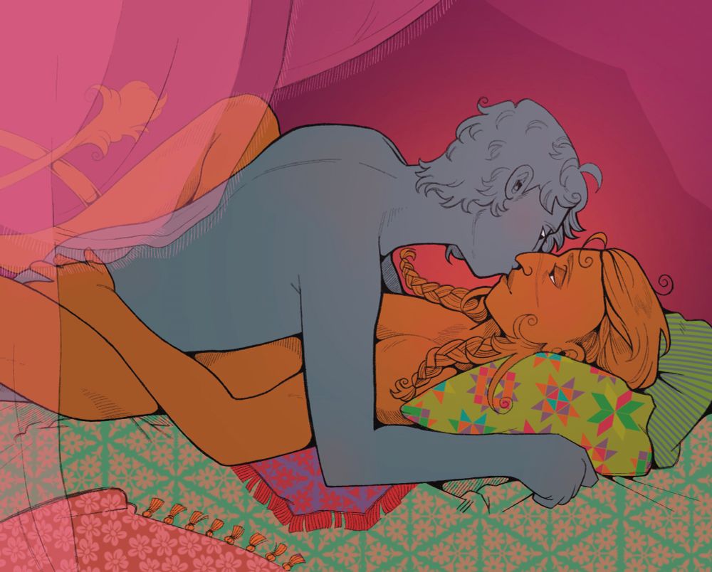 the same figures from the other image, only this time their places are reversed, with the smaller man laying across the others chest. they are kissing on a pile of pillows and various patterned fabrics