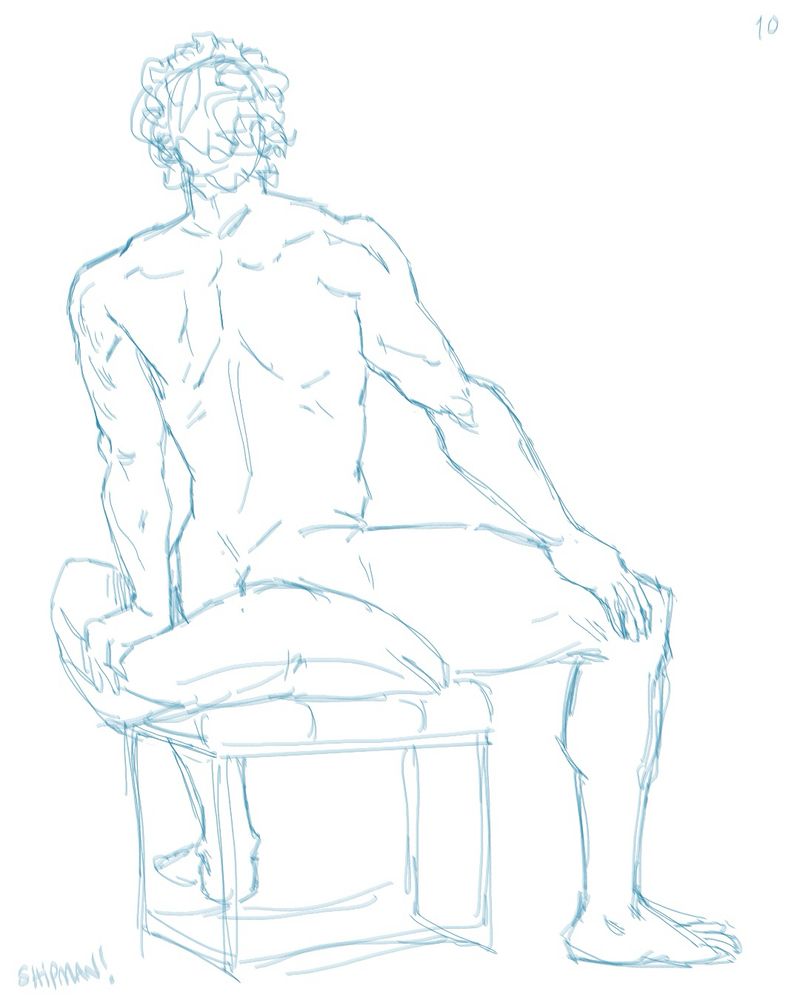 A 10-minute digital sketch of a man from behind sitting on a stool.