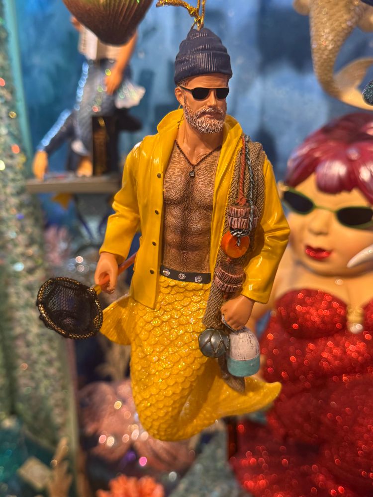 A Christmas ornament of a merman that looks suspiciously like the Gorton’s FishERman.