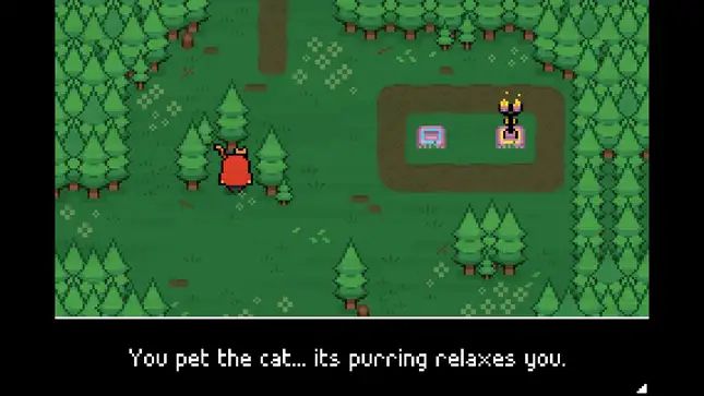 A screenshot of the game Ikenfell, where you save the game by petting a cat. The text reads “You pet the cat… its purring relaxes you.”
