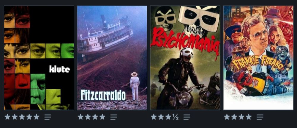 Left to right klute, fitzcarraldo, psychomania, Frankie freako