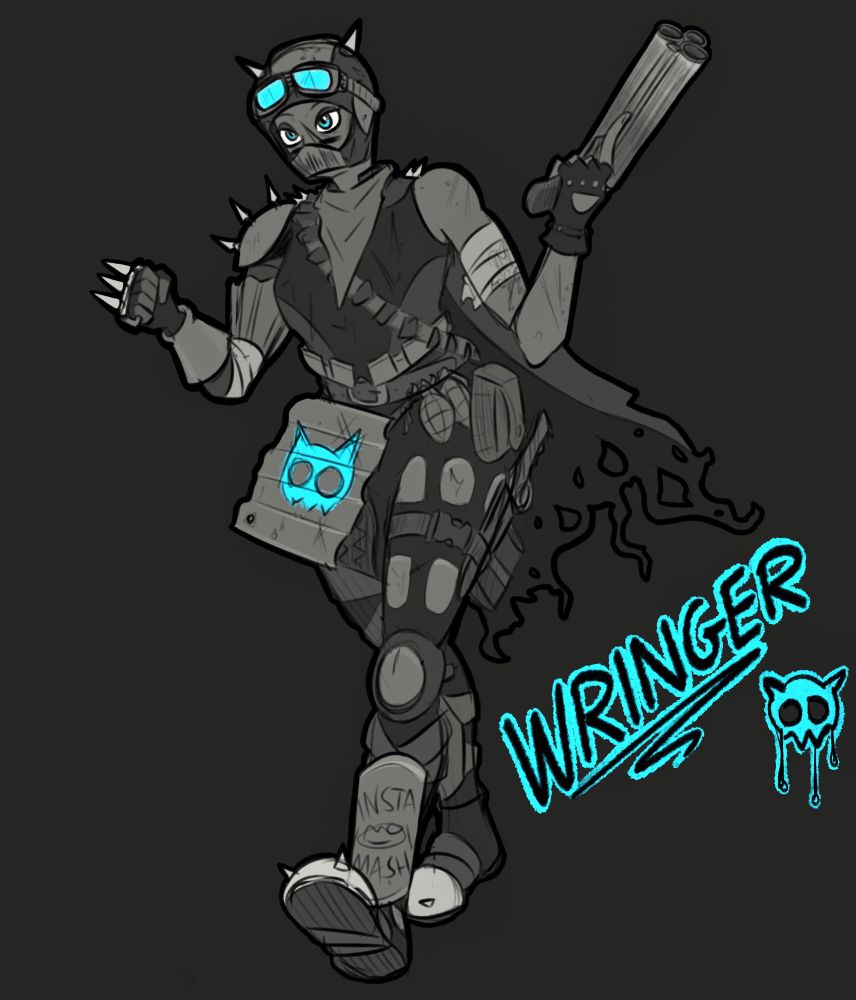 Image of a bounty hunter wastelander armed with a shotgun and spiked knuckles. Monochromatic except for cyan that highlights  biker goggles, blue eyes, and a crude stencil of a horned skull on a piece of hip armor. The character’s name “Wringer” is featured in large text. 