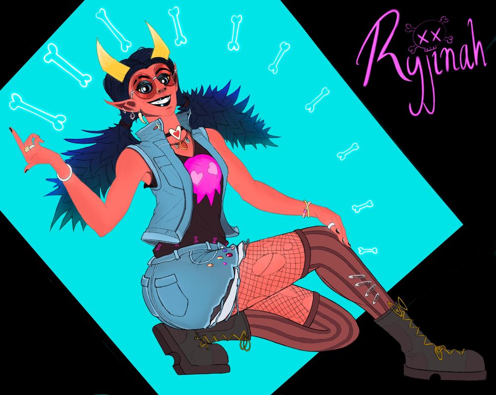 Fan art of Ryjinah, a punkish tiefling, from Drawga. 