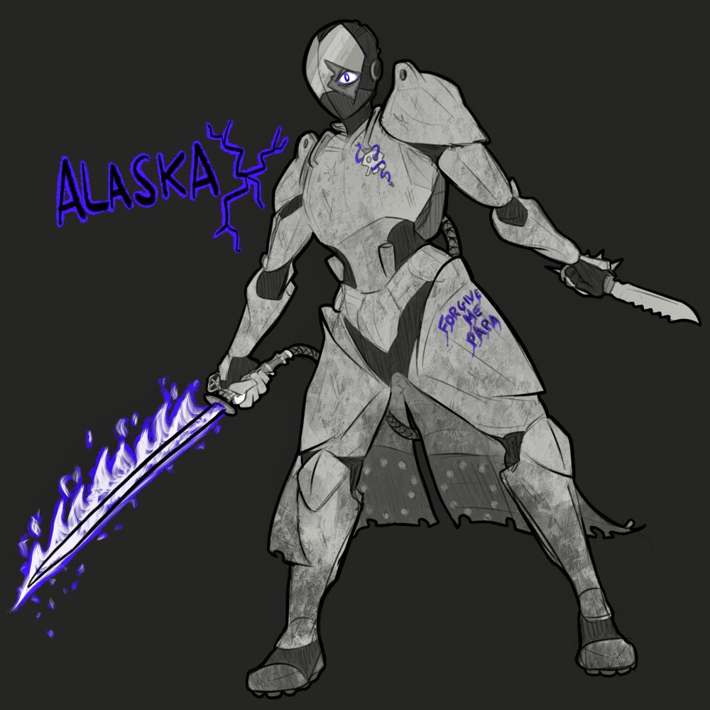 Image of a hulking wastelander wearing power armor and armed with a flaming sword and a spiked knife. Monochromatic except for indigo that highlights an emblem depicting a snake wrapping around a skull, crude graffiti that says “Forgive me papa” on the leg armor, a crazed eye visible through a cracked helmet, and the flames of the sword. The character’s name “Alaska” is featured in large text. 