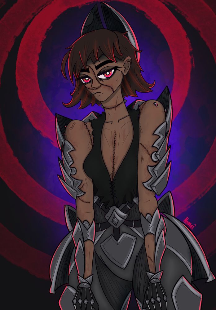 A weary woman with large scars and stitches trapped in the very armor that protects her. 