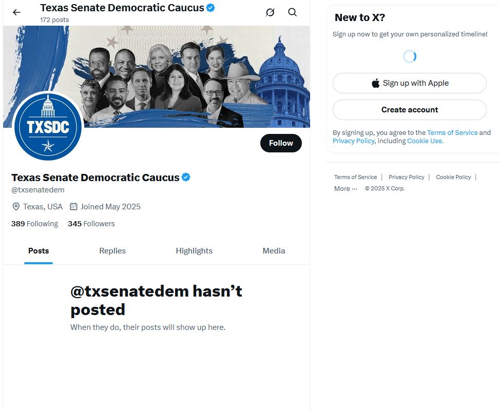 Screenshot of their twitter profile page as seen by people who are not logged in. It shows no posts, and a banner that says, 