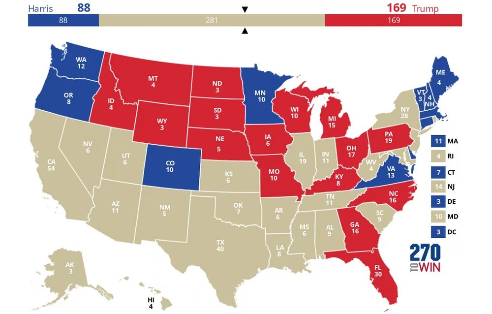 United States map color-coded to show how the election would've turned out if 