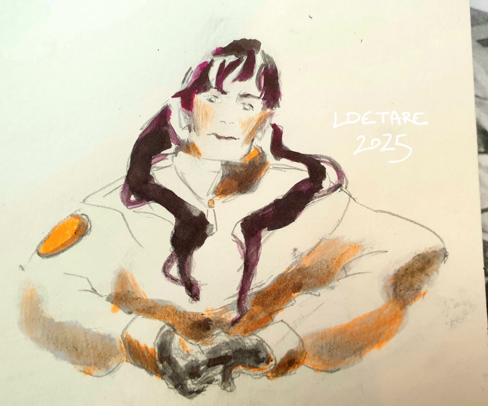 Ink and pencil sketch of a frowning woman, posed casually but anxiously wrigging her hands.