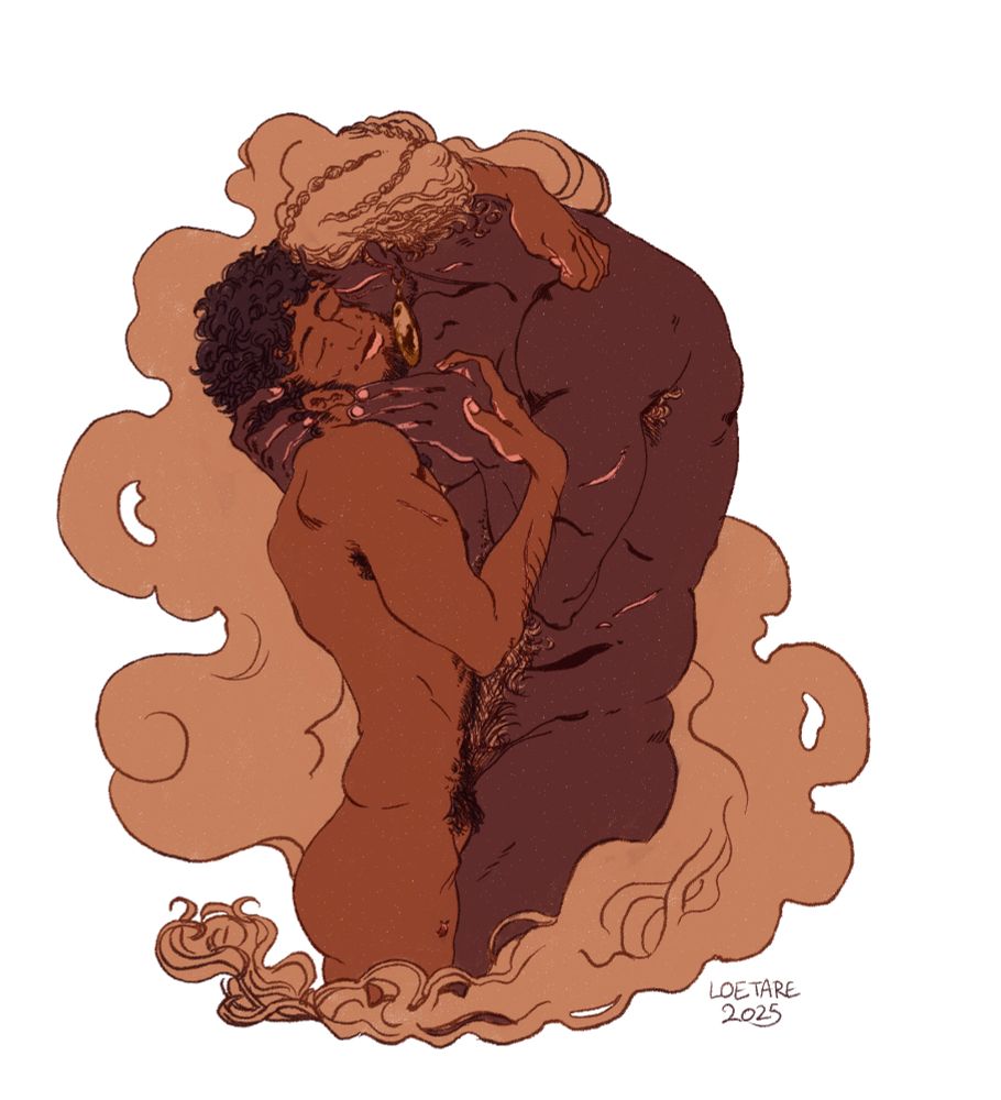 Digital sketch/illustration of two men in an embrace, redraw of Klimt's "The Kiss". The background is made of the voluptous amount of hair of the man on the right, enveloping them.