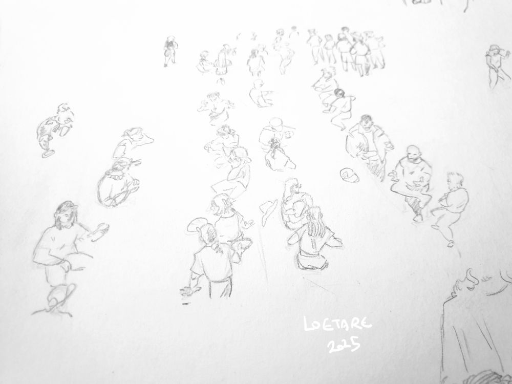 Tilted photo of a pencilled crowd scene in a comic panel.