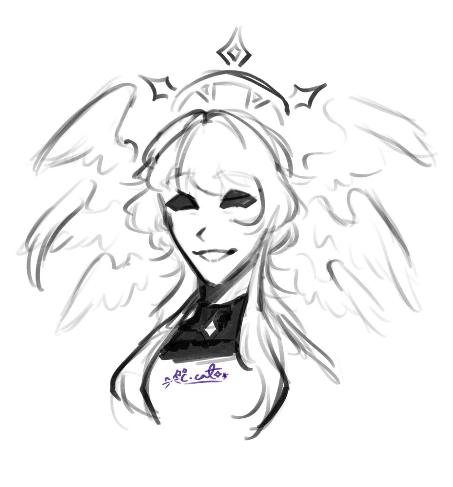 Sketch of a person with fully black eyes, something similar to a jellyfish cut, and six small wings, three on each side of the head. There is also a halo with small diamond prongs sticking out of it.
