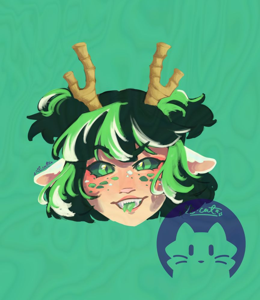 A girl who has black hair with green and white streaks in a vague bob cut, and two poofy pigtails near the top of her head. She has dark teal sclera, lighter green irises, and slit pupils. She also has scales on her face of different shades of green similar to her eyes, and fangs and a green forked tongue. Her name is Mei, and she also has gold horns that kinda look like bamboo now that I think about it. And she has white furry ears like a goat :D