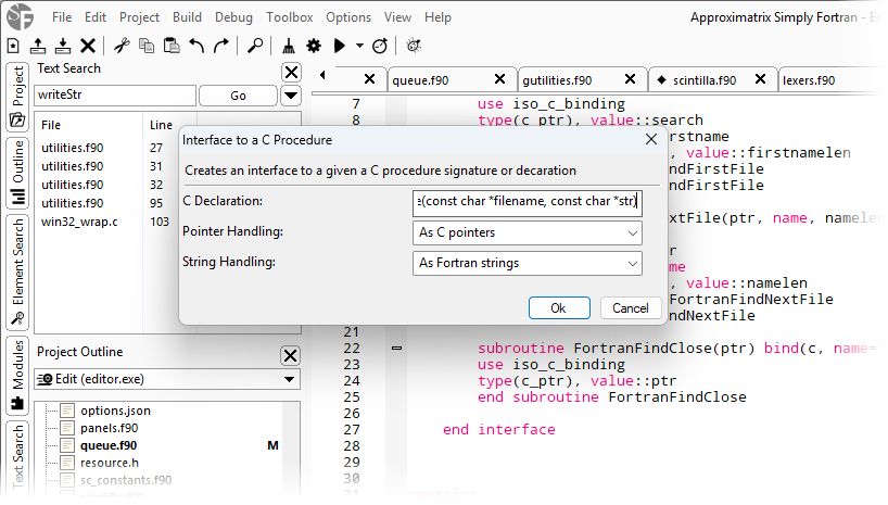 A popup window in Simply Fortran for generating an interface to a C routine