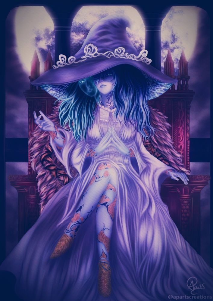Ranni the witch from elden ring sitting on the throne with a luminous moon in the background