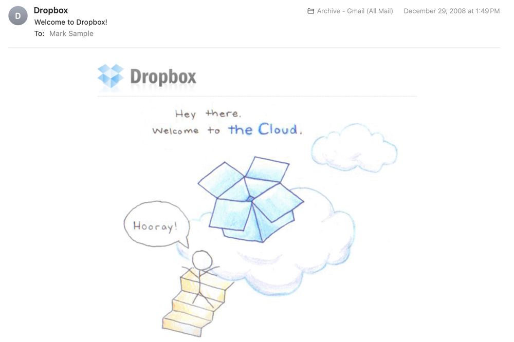 An illustration of a stick figure walking up stairs into the heavens, with a picture of an open cardboard box on a cloud.