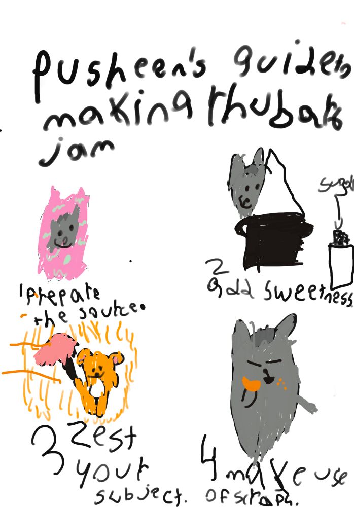 My 7 yo daughter Pusheen fan art- “Guide to making rhubarb jam”