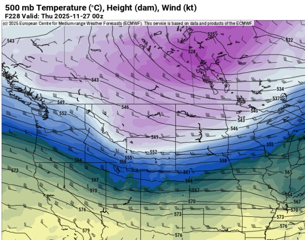 Both European and US forecast modeling keep trying to forecast a strong cold jet/NW flow pattern developing here 8 or more days out. Been doing this for a few weeks! Some climatology influence at work, seems like. What we are getting are very weak systems, splitting apart, and containing a warm Pacific airmass. So I have low confidence in this pattern developing around Thanksgiving.