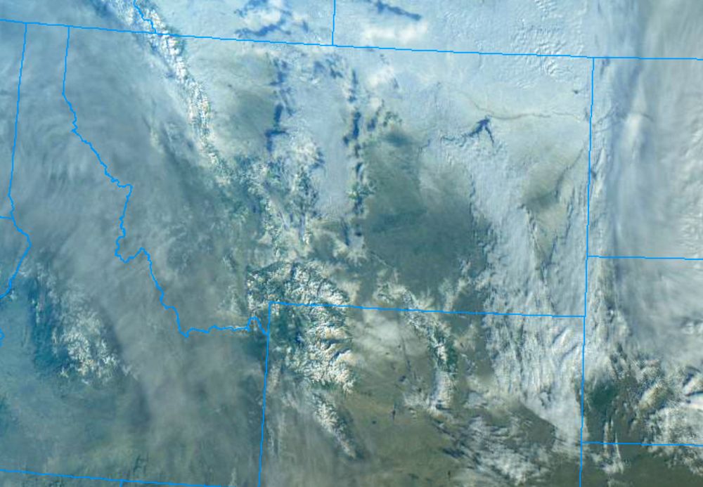 this morning's vis sat image shows a great northerly upslope snow footprint along the Beartooth Front and out over the higher plains. Right over our area. the low-level northerly upslope winds are blocked by two plateaus in the canyons. So glad we got the moisture here.