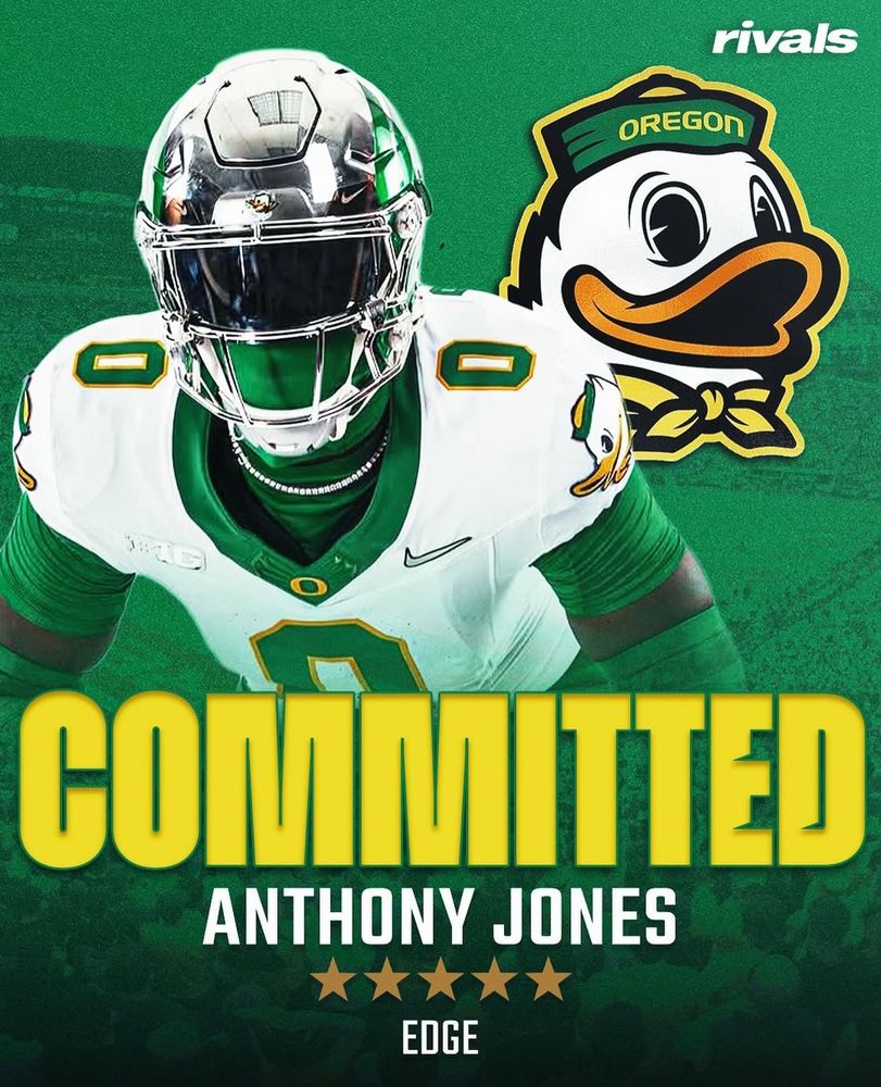 A photo of Anthony “Tank” Jones in an Oregon football uniform announcing his commitment to the Ducks