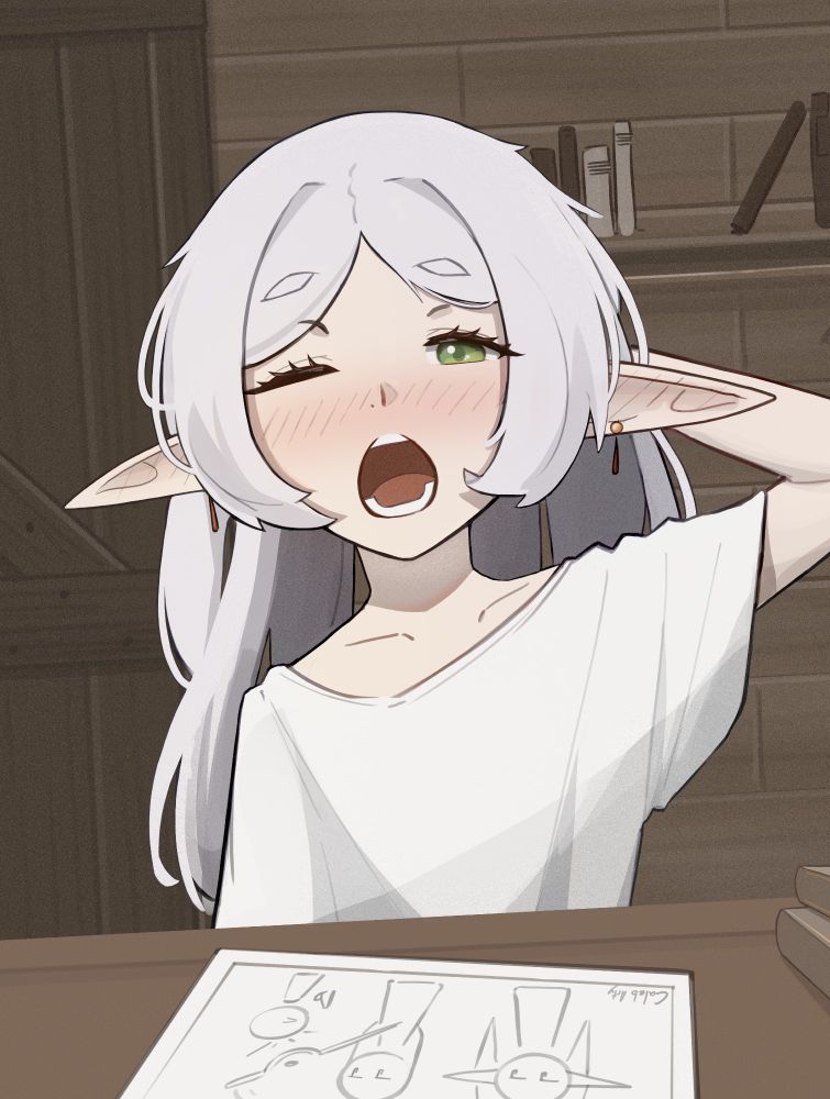 A drawing of Frieren yawning as she's waiting for her breakfast