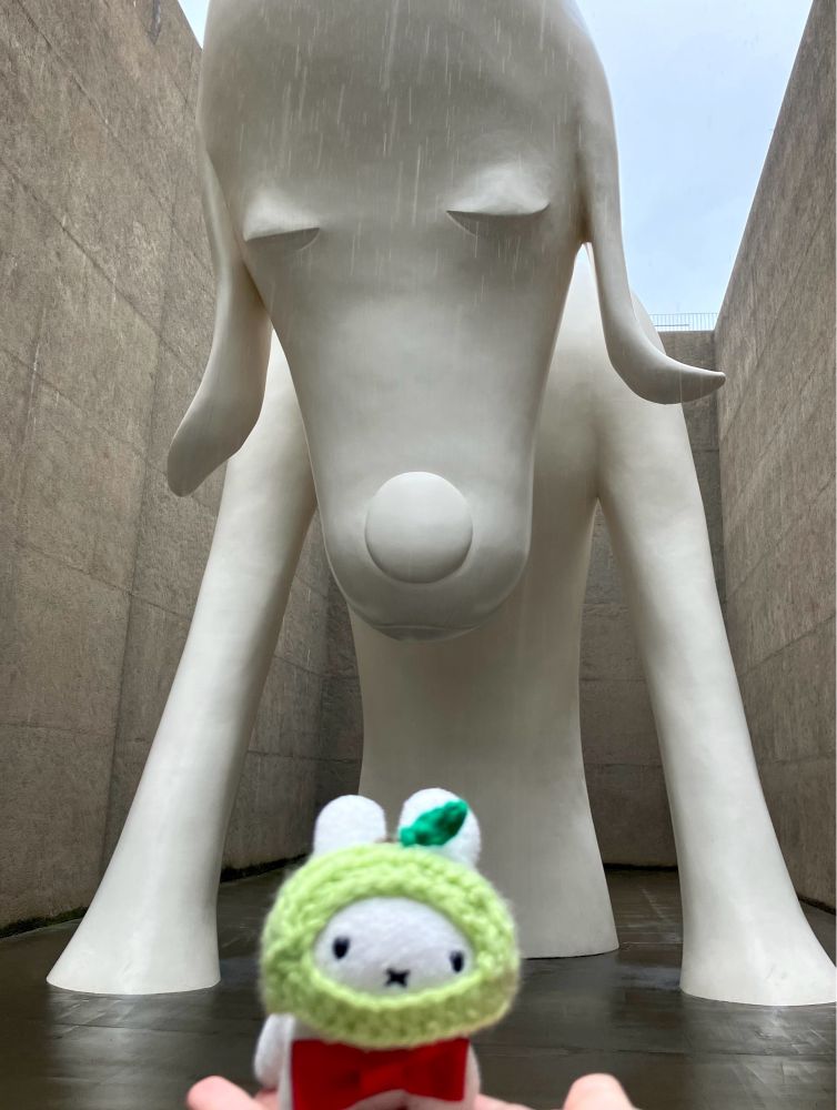 青森県立美術館。奈良美智の作品・あおもり犬。うさぎのぬいぐるみと一緒に。