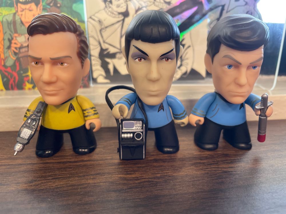 3 Titan vinyl big head Star Trek figures - Kirk with phaser, Spock with tricorder, McCoy with a hypospray