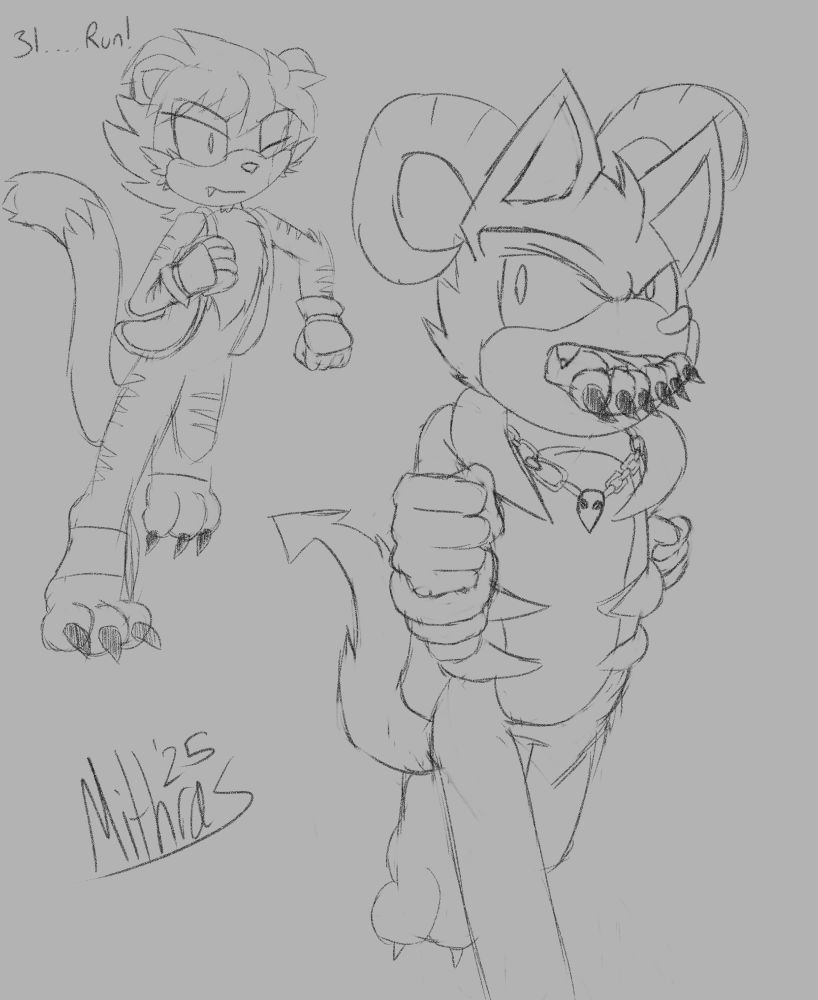 Voretober Prompt - ...Run!

Sketch of the mobian houndoom Brimstone running away from Dakota the Tiger after previously kicking him in the face, a foot print still present on Dakota as he gives chase. All the while, Brimstone still has two pairs of feet he's sucking into his mouth, the last of the kobold he was previously eating, disappearing into his hammerspace stomach.