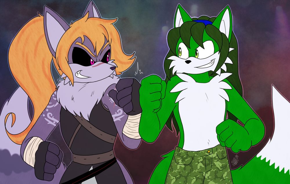 Picture made by ThePipeFox

Picture depicts Cerin and Leaf with their fists bumped against each other, could be taken as a side-on fist bump or fists locked in a rivalry manner as they go to compete in something they'd both participate in.