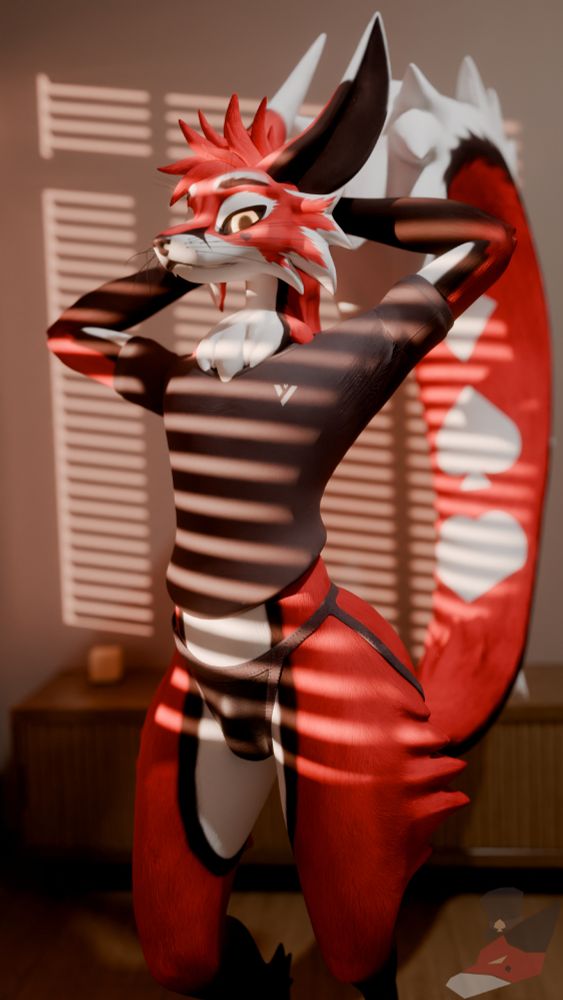 Ace (Kyuulin) doing morning stretches in front of a blinded window. Wearing a shirt and jockstrap.